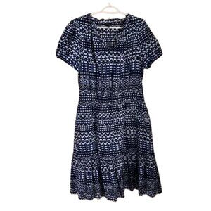 Talbots XL Indigo Blue, White Cotton Ruffle Tiered Dress Short Sleeves